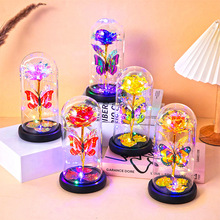 闪蝶金箔玫瑰花永生花情人节玻璃灯罩小夜灯仿真花圣诞节礼物花卉