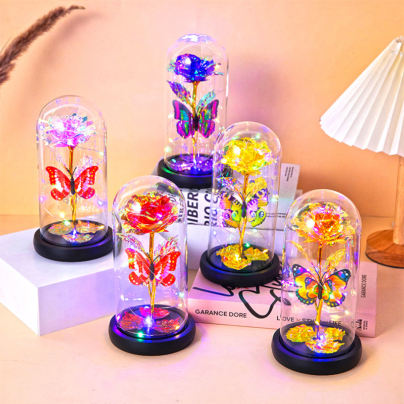 闪蝶金箔玫瑰花永生花情人节玻璃灯罩小夜灯仿真花圣诞节礼物花卉