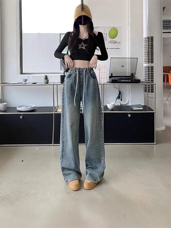 松紧抽绳宽松阔腿牛仔裤女秋季2025新款百搭休闲高腰显瘦拖地长裤|undefined