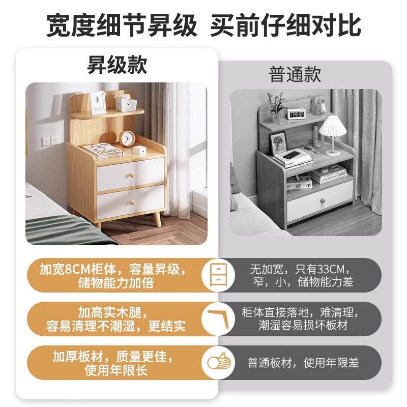 Mesa de cabecera simple y moderna, simple y alta, gabinete de almacenamiento de piernas de madera sólida, dormitorio doméstico pequeño nórdico, estante de cabecera