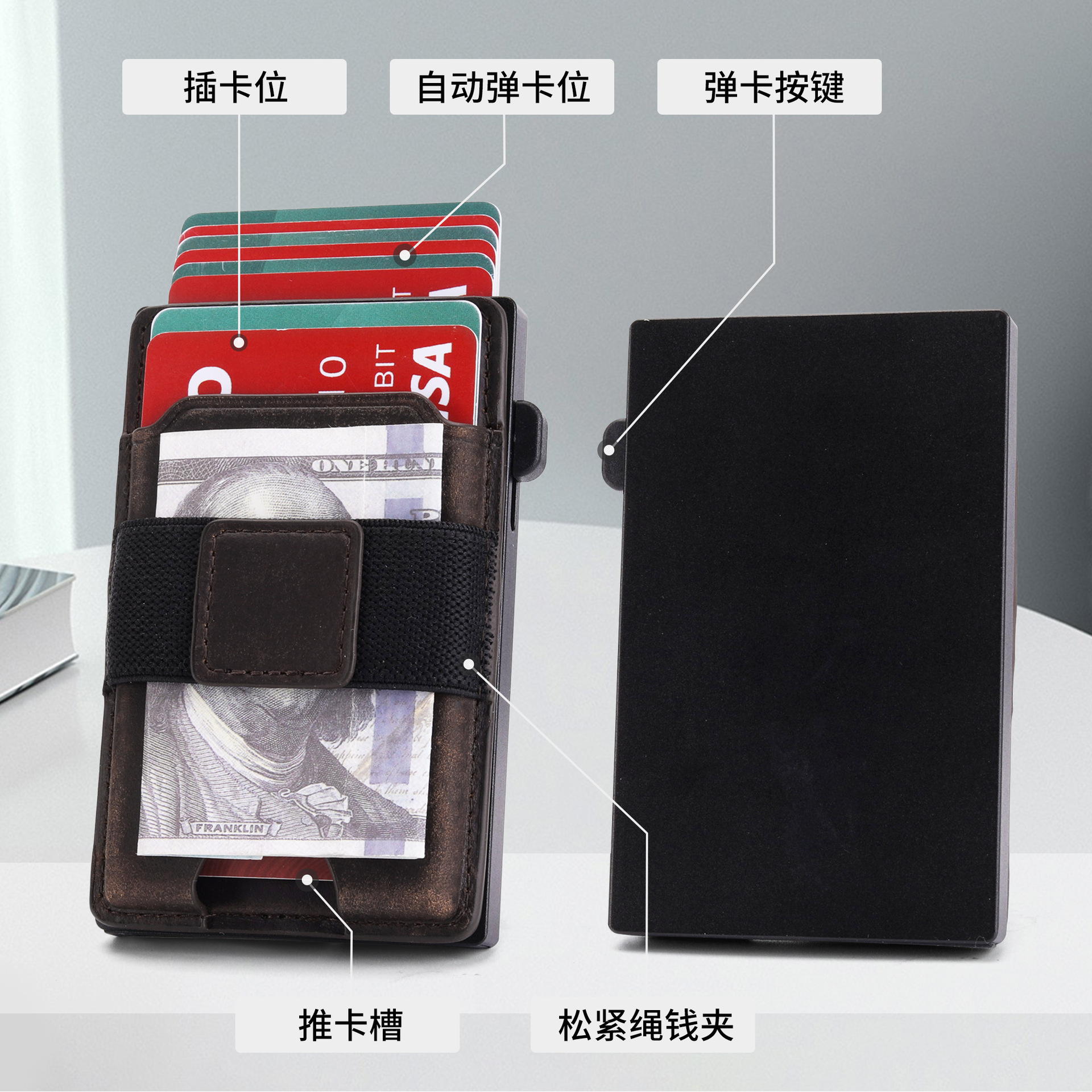 Bolso de tarjeta multifuncional de moda ultrafino transfronterizo, caja de tarjeta de metal emergente automática, bolso de tarjeta de cuero magnético dos en uno para hombre