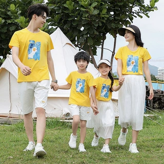 亲子装夏2025新款一家三口四口黄色T恤夏季纯棉母子母女装