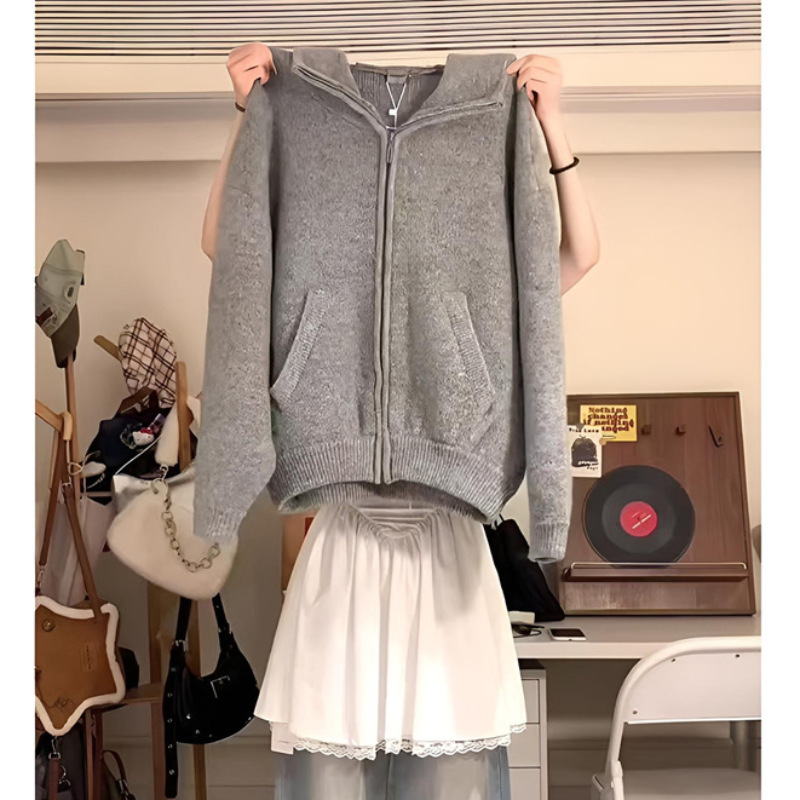 秋冬新款复古针织开衫毛衣外套女宽松连帽百搭慵懒设计上衣春秋款|undefined