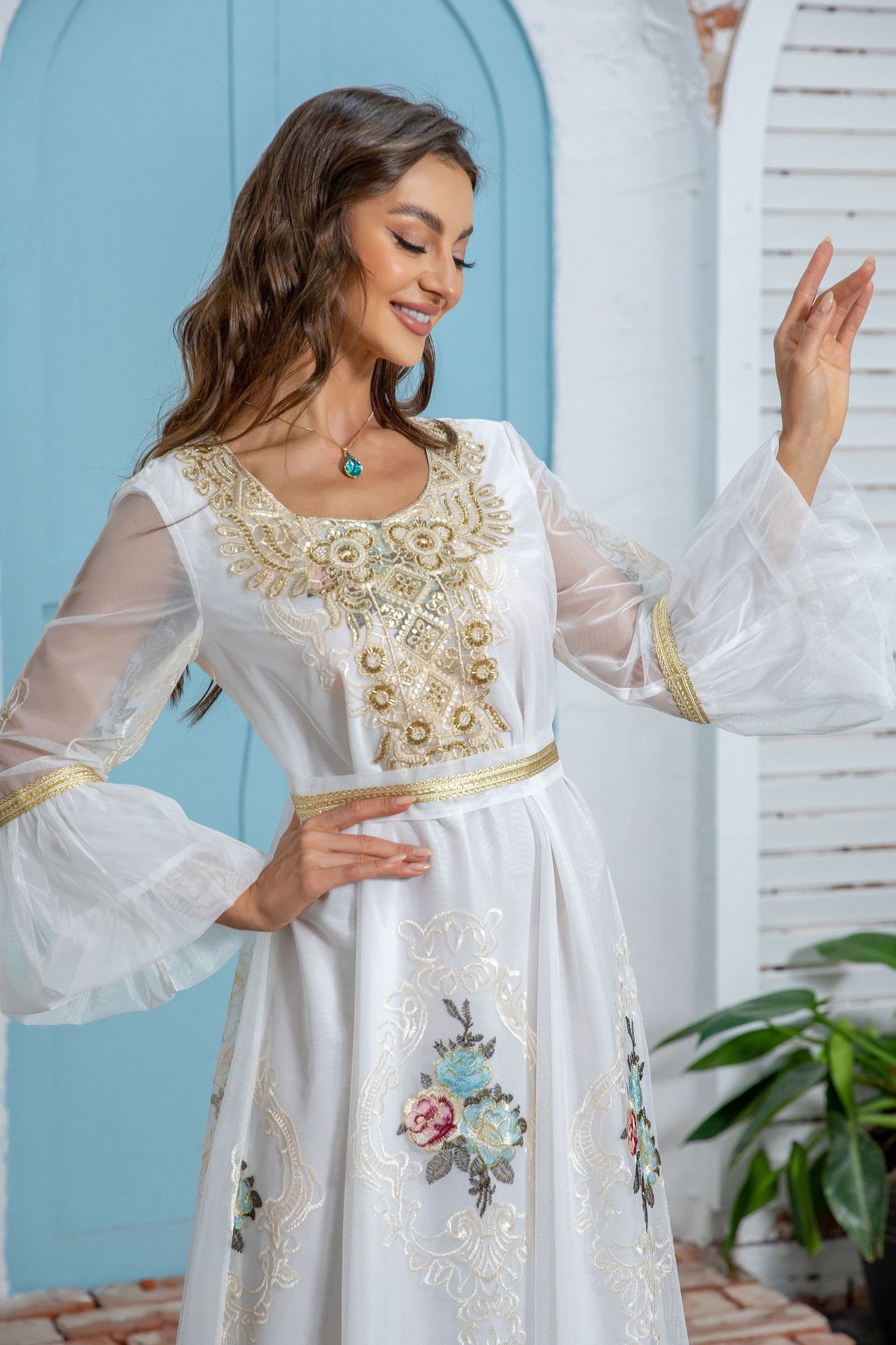 ZD020 Middle Eastern New Ethnic Style Women's Muslim Robe Dubai Evening Applique Embroidered Dress_ecoleips.com