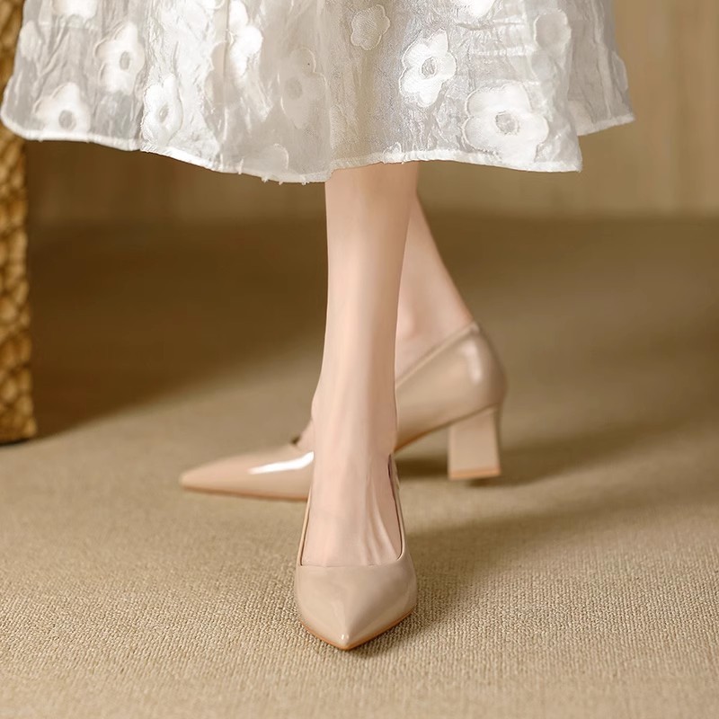 2025 Fall New Patent Leather Pointed Toe Shallow Thick Heel Pumps French Fashion Elegant Women's High Heels_vogvips.com