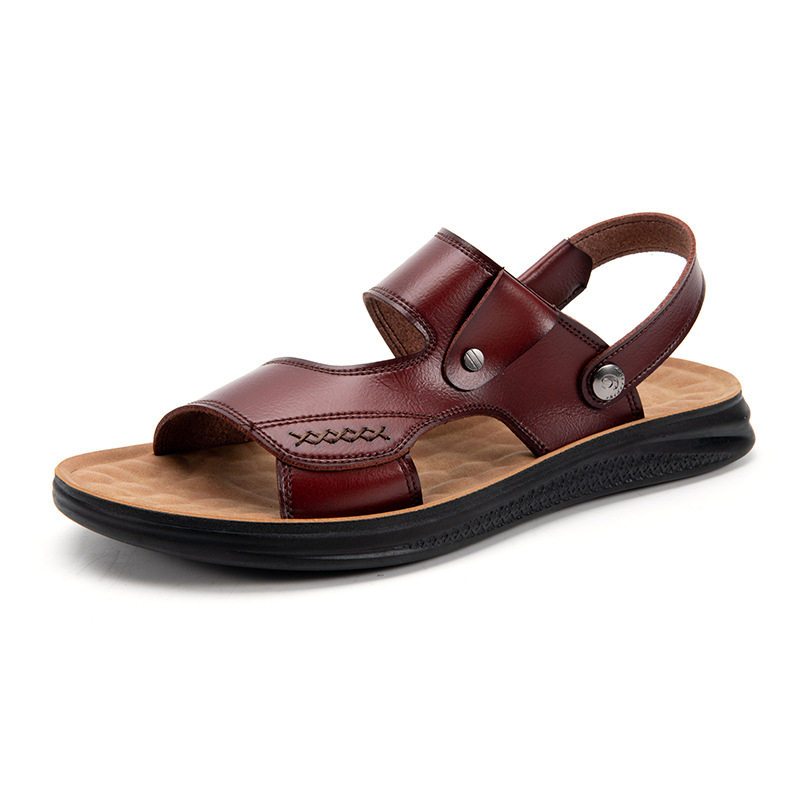 Dép sandal nam quai ngang hở ngón chất liệu da PU chống trơn thoáng khí — Nâu Đen, Nâu đậm, Đỏ rượu