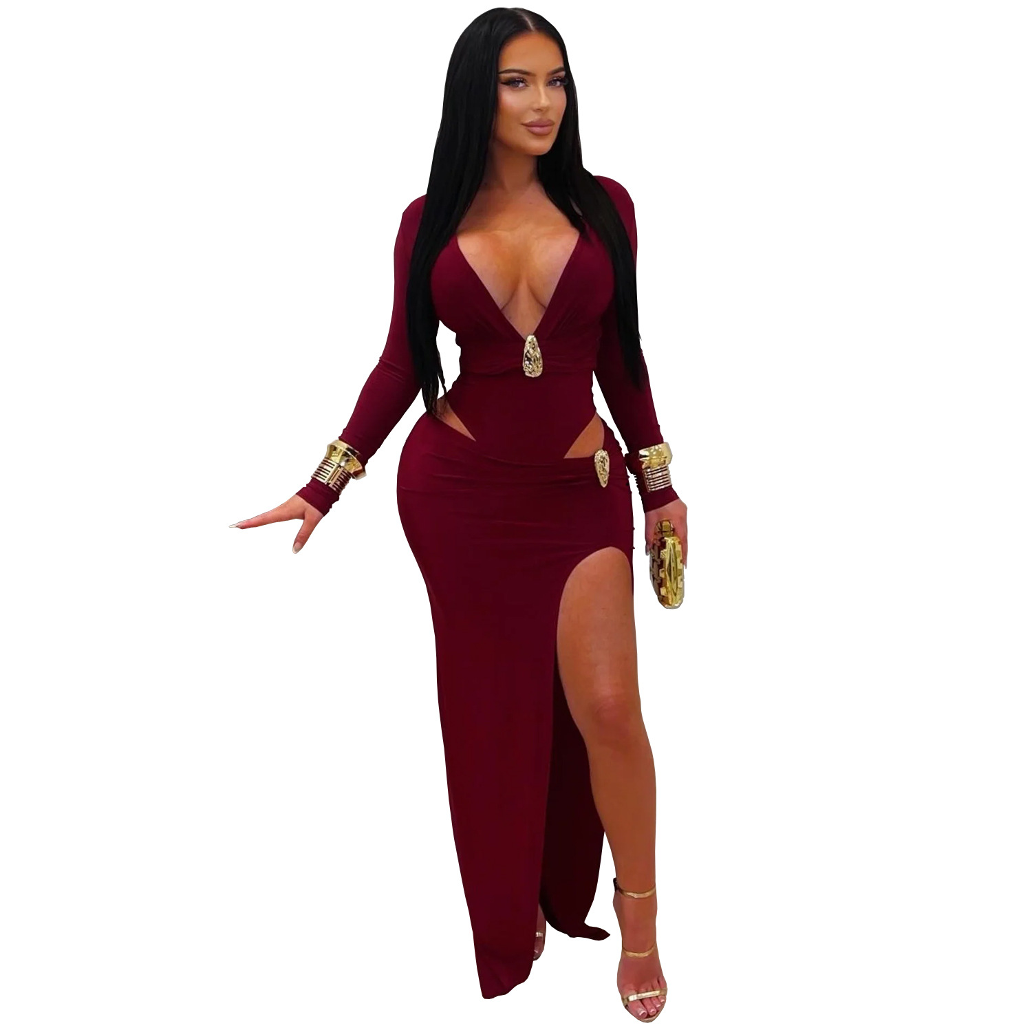 C7631 Aliexpress transfronterizo Amazon Europa y América moda de mujer sexy cuello v color sólido vestido de mangas largas de cadera image 8