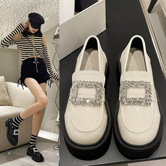2023春夏季新款方扣水鑽松糕厚底單鞋英倫風小皮鞋一腳蹬樂福鞋女