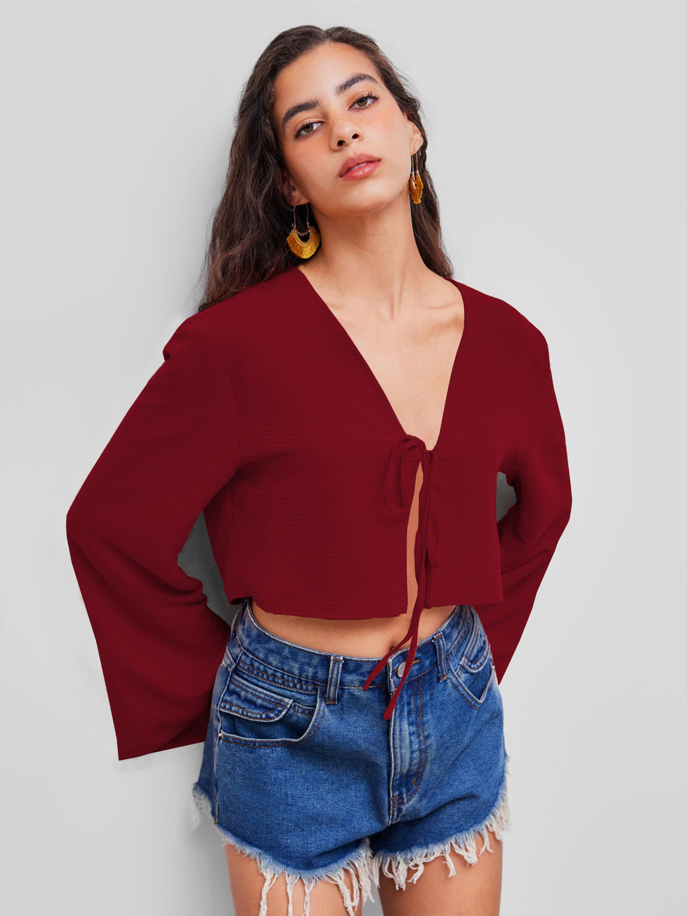 Voya 2026 Sexy V-neck T-shirt With Spring And Summer Chest Tie, Niche Burgundy Cardigan Top, Women's Clothing_ecoleips.com