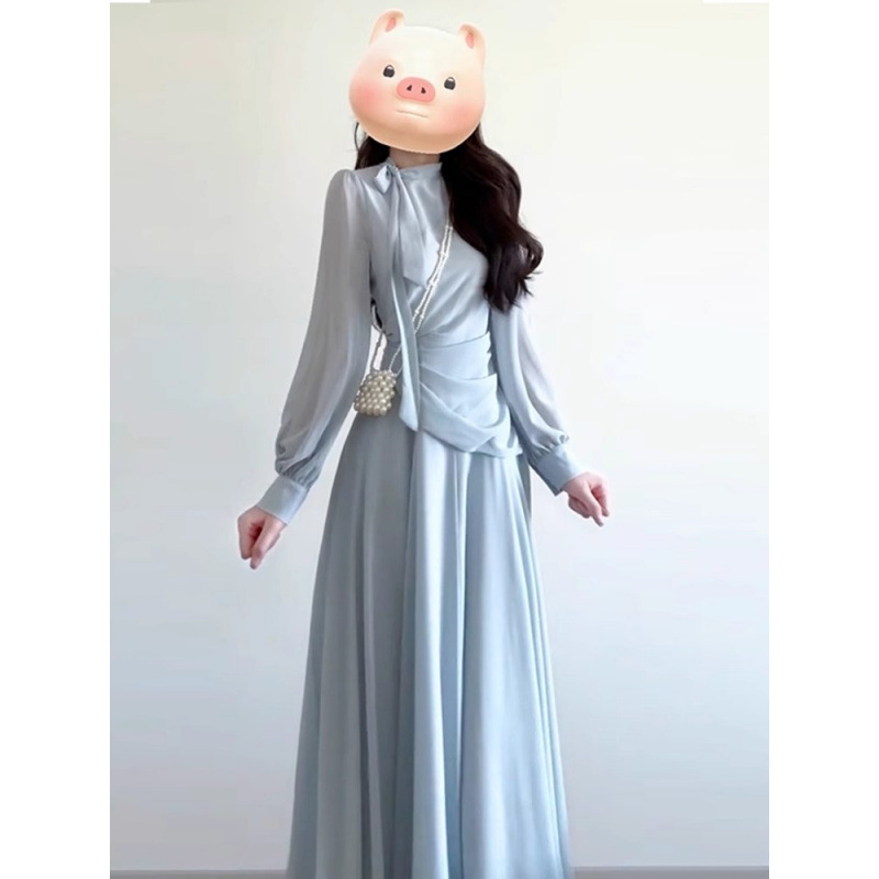 2024 이른 가을 새로운 프랑스 기질 긴 소매 블루 원피스 어린이 여름 시원한 허리 슬리밍 긴 원피스