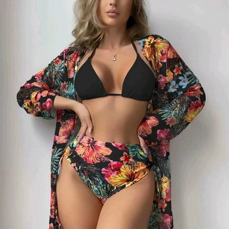 Новая коллекция 2025 года: женский купальник-бикини из трех предметов с принтом, кружевной блузон в стиле европейского и американского дизайна для внешней торговли.