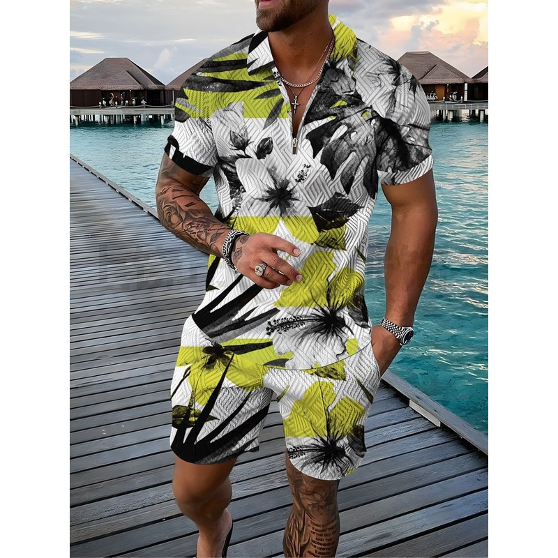 2023 국경 유럽 및 미국 남성 대외 무역 여름 반팔 세트 기하학적 패턴 3D 인쇄 지퍼 폴로 셔츠