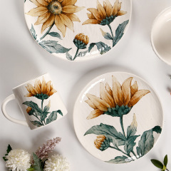 Elegant European French-Style Engraved Ceramic Western-style Appetizer Plate Creative Home Use Flat Plate Bowl Cup Set Sunflower Arrangement