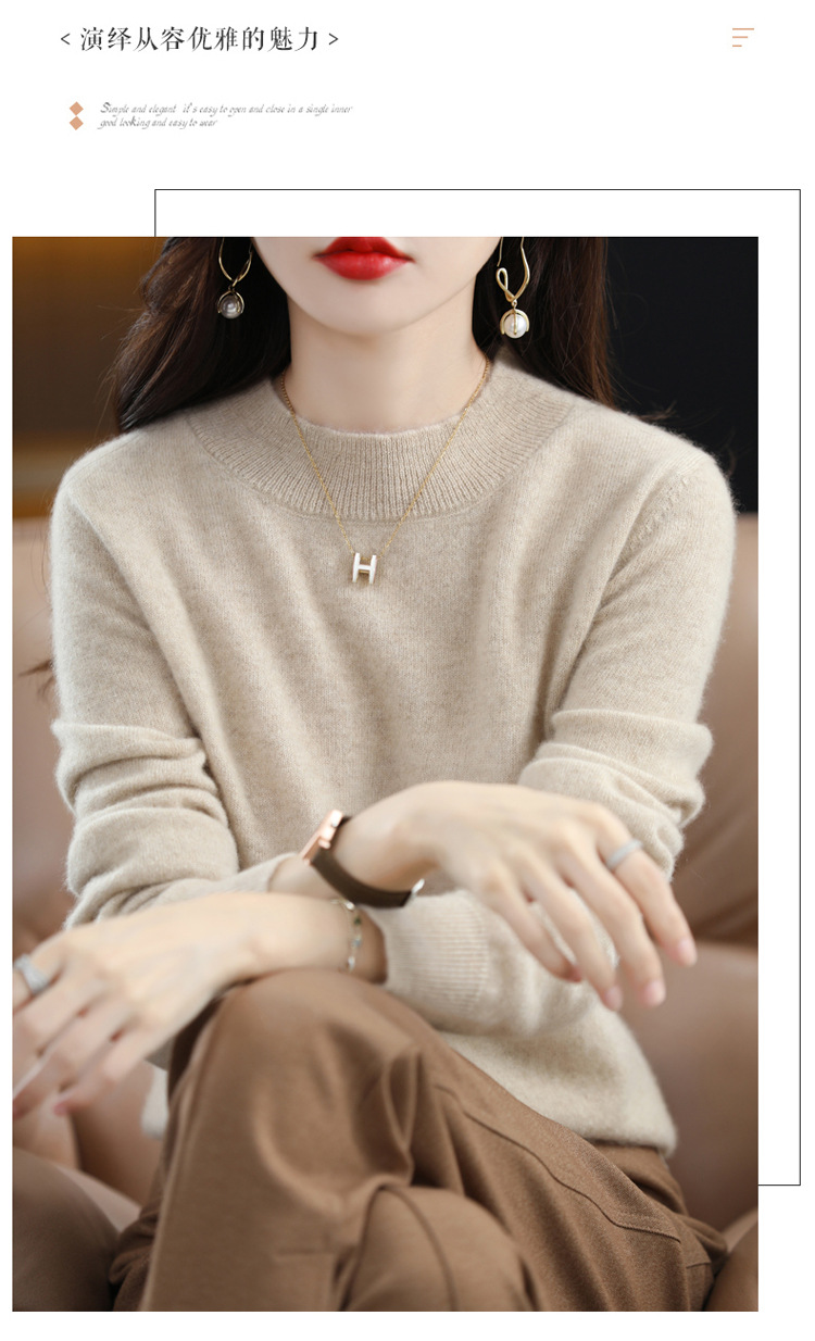2022 Autumn and winter Cashmere sweater for women, semi-high collar, slimming, pullover, solid color 100 long-sleeved knitted base wool sweater pic 17