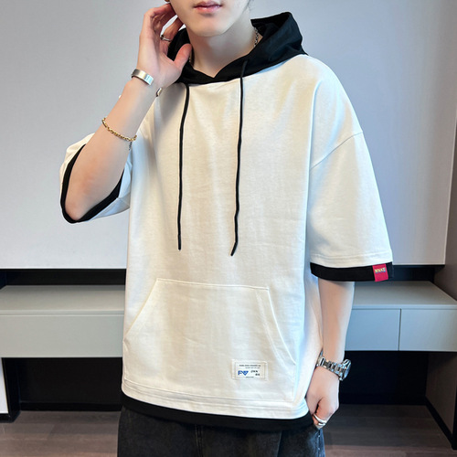 K summer new men's short-sleeve T-shirt, fashion brand hooded, half-sleeve ins, fashionable all-matching half-sleeve summer pure cotton T-shirt