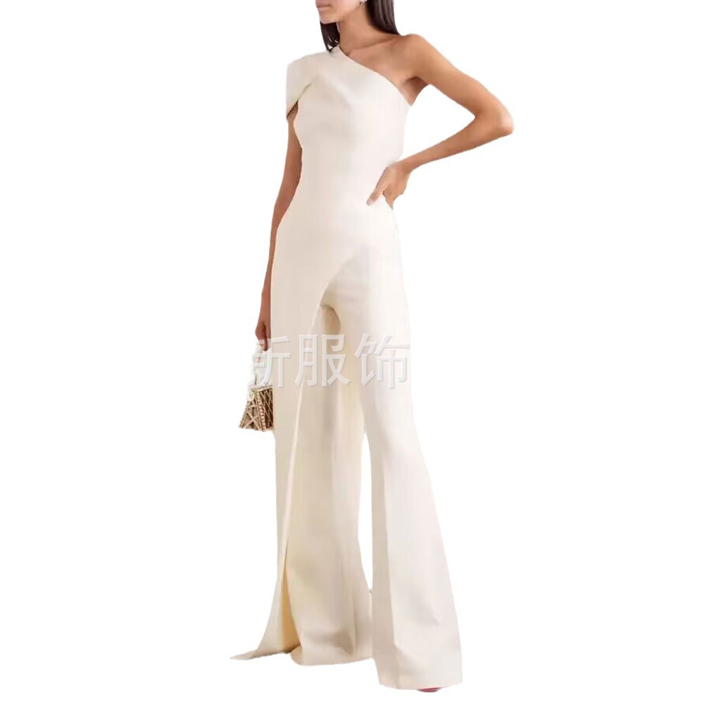 Amazon AliExpress mujeres de alta cintura recta casual jumpsuit pantalones hombro manga elegante partido