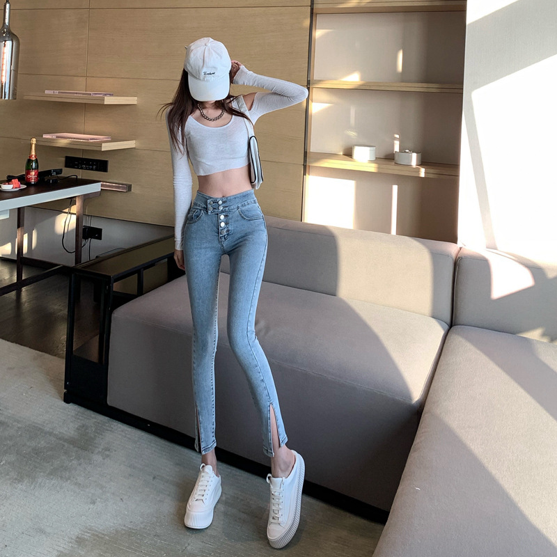 实拍炸街高腰开叉牛仔裤女ins修身显瘦