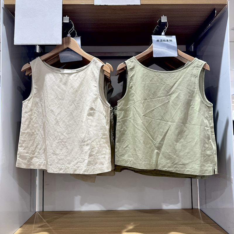Japanese single women's linen blended shirt round neck casual sleeveless vest vest shirt 2025 spring and summer new 479966 Japanese single women's linen blended shirt round neck casual sleeveless vest vest shirt 2025 spring and summer new 479966