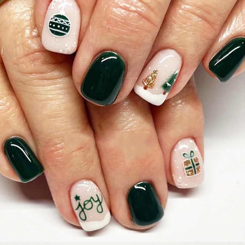 New Simple Christmas Tree Manicure Pieces dark green Fake Nails Short European Square Manicure Pieces press on ail