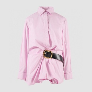 Niche New Women's high quality Detachable Belt Pleated Tight Waist Long Sleeve Shirt Design Sense