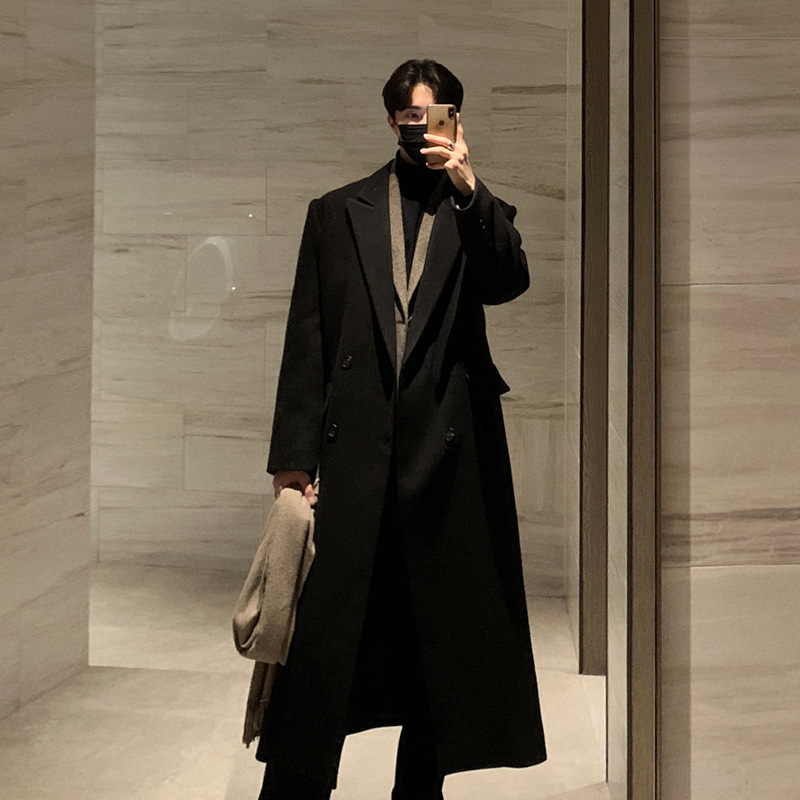 ASCLO&QIAO Men's Double-Breasted Overcoat, Black, Thick Wool Coat, New Autumn/Winter Style, Loose Fit, Long and Warm