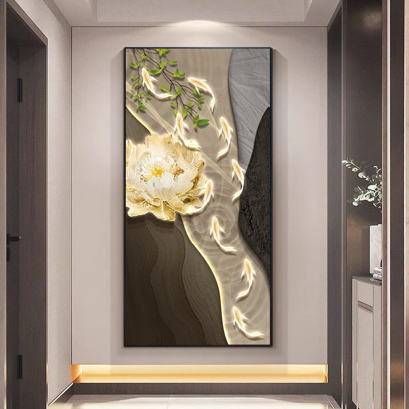 轻奢九鱼图入户玄关装饰画寓意好荷花走廊过道挂画客厅发光壁画灯|undefined