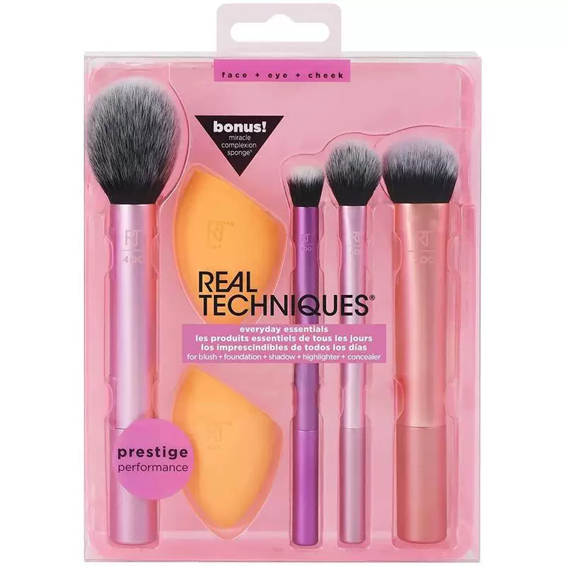 Makeup Brush and Sponge Set, 4 Brushes + Makeup Sponge, Face & Eye Essentials, Compact Case