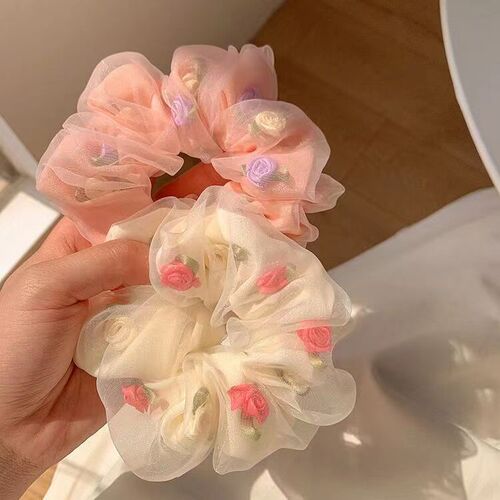 French Cream ~ Floral Exquisite Hair Tie Hair Accessories Highly Elastic Short Hair Accessories Back of the Head Hair Tie Korean