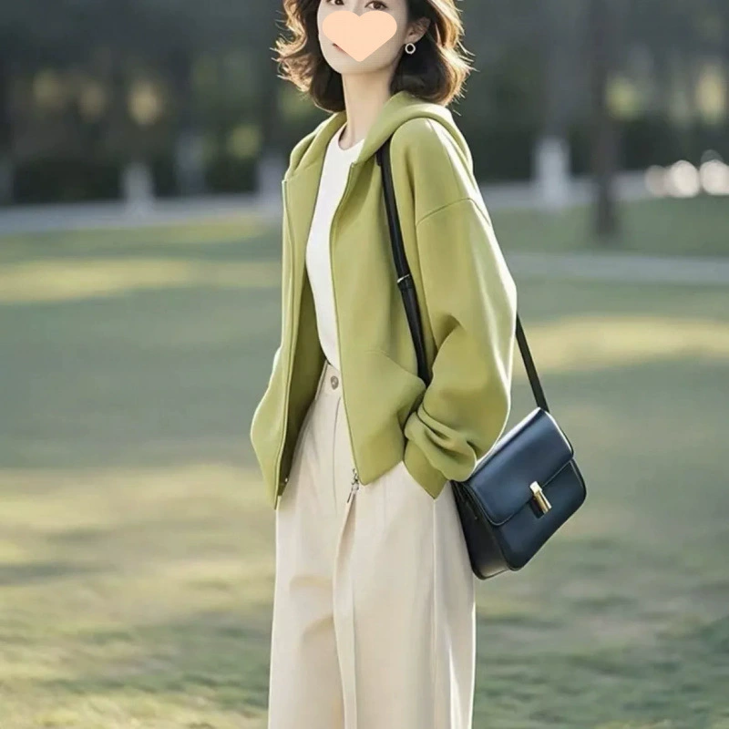 2025 ранняя весна, новый стиль, миниатюрный дизайн, универсальный высококачественный нишевый несмешанный кардиган, толстовка, зеленая куртка для женщин