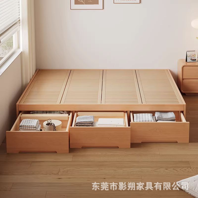 Solid wood storage bed with drawers, no headboard, floor-standing design, large capacity for bedroom tatami mats Solid wood storage bed with drawers, no headboard, floor-standing design, large capacity for bedroom tatami mats