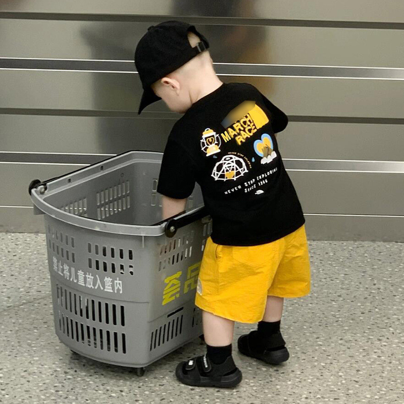 Korean Style Children's Clothing Boys Summer Suit Baby 2025 New Cool and Handsome Printed Black Short-Sleeved T-Shirt Casual Shorts