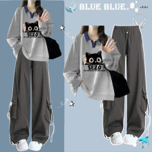 秋季休闲运动穿搭一整套少女学院风中学生时尚宽松工装裤两件套