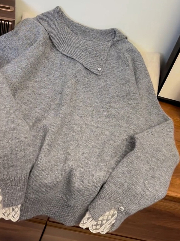 灰色翻领毛衣女春季韩系慵懒高级感加厚蕾丝内搭打底针织衫上衣|undefined