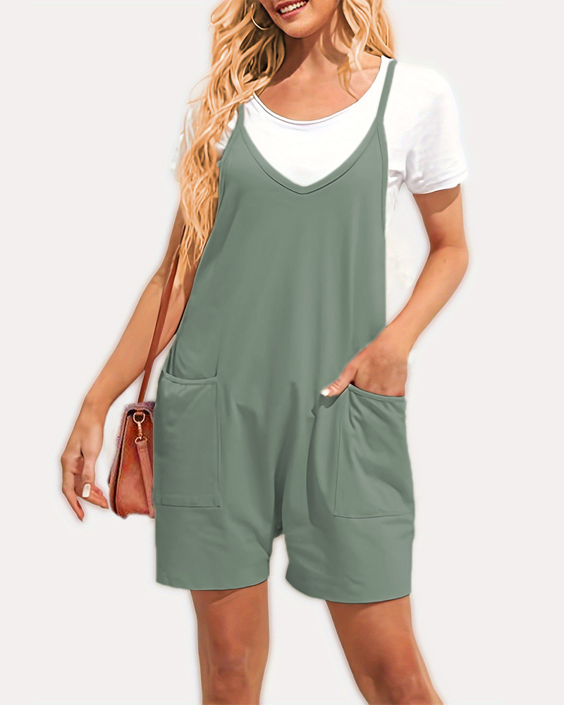 Women's Holiday Street Casual Solid Color Shorts Pocket Patchwork Rompers display picture 2