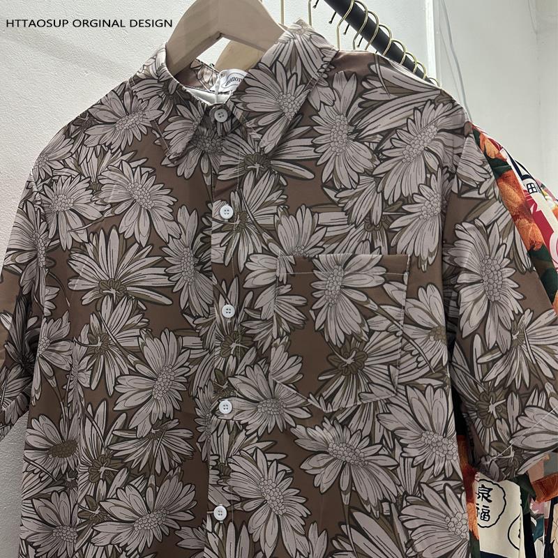 Cross-border Foreign Trade Ancient vintage Floral Shirt Men's Loose Hong Kong Flavor Hawaiian Couples Beach Short-sleeved Shirt