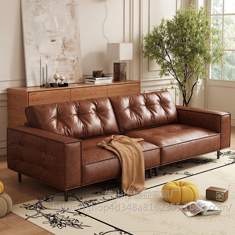 Retro Oil Wax Leather Sofa Small Apartment Living Room Italian Minimalist Double Three-Seat Straight Row Mid-Century Style Leather Art Sofa