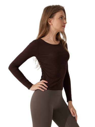 Elegant European and American Autumn/Winter Nude-Look Yoga Wear: Ruched, Slim-Fit, Skin-Friendly Crew-Neck Casual Sports Top for Women – Long-Sleeve Fitness T-Shirt