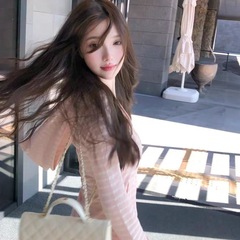 粉色针织衫女早秋新款连帽粉色条纹薄款外套修身韩系甜美显瘦上衣
