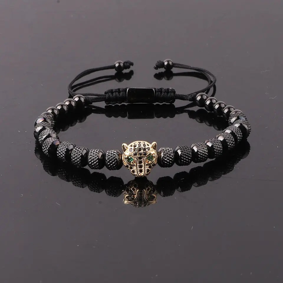 Bracciale unisex con perline di ghepardo, regolabile da uomo, con micro zirconi intarsiati e testa di leopardo_voghion.com