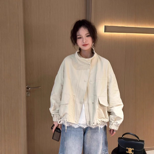 Korean Fashion Explosive Coat Women's 2025 Spring New Loose Slimming Drawstring Design Sense Vertical Collar Tooling Top