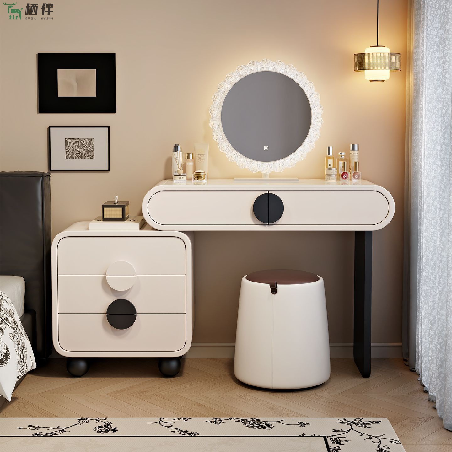 New French Arc Dressing Table Bedroom Dressing Table Cupboard Integrated Desk Dressing Table Light Luxury Cream Simple