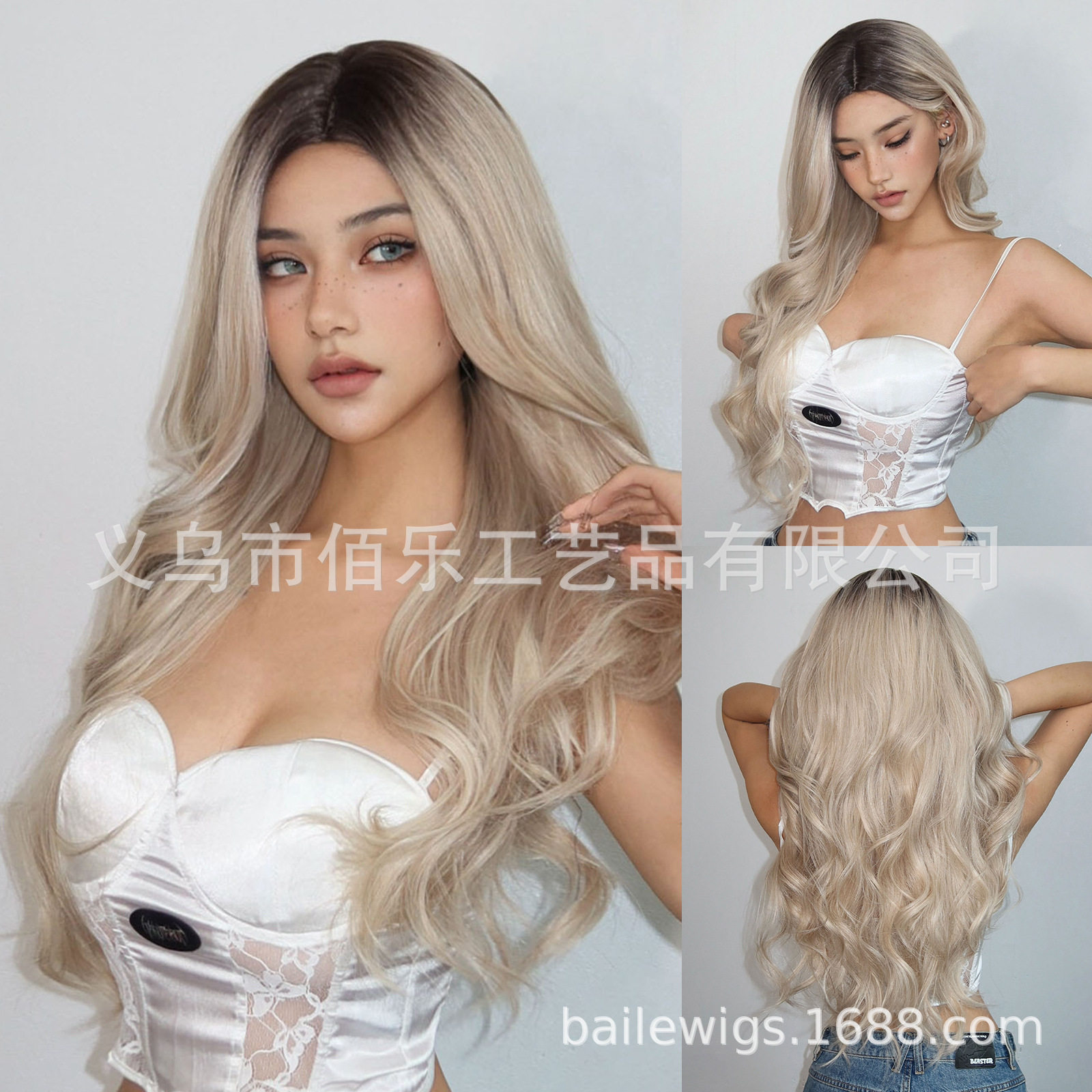 Europa y los Estados Unidos pelucas de platino cubierta de cabello sintético cabello dividido en la parte superior gradiente cabello rizado largo fibra química mujer
