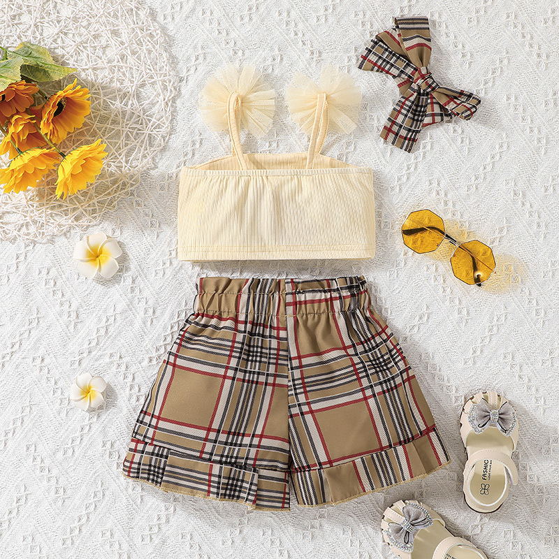 Suspender Solid Color Vest And Plaid Shorts Children's Clothing Two-piece Set display picture 2