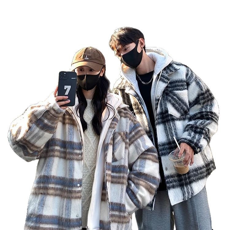 Abrigo a cuadros de dos piezas falso americano de otoño e invierno para hombre nuevo abrigo de algodón con capucha de lana retro grueso y cálido de marea nacional