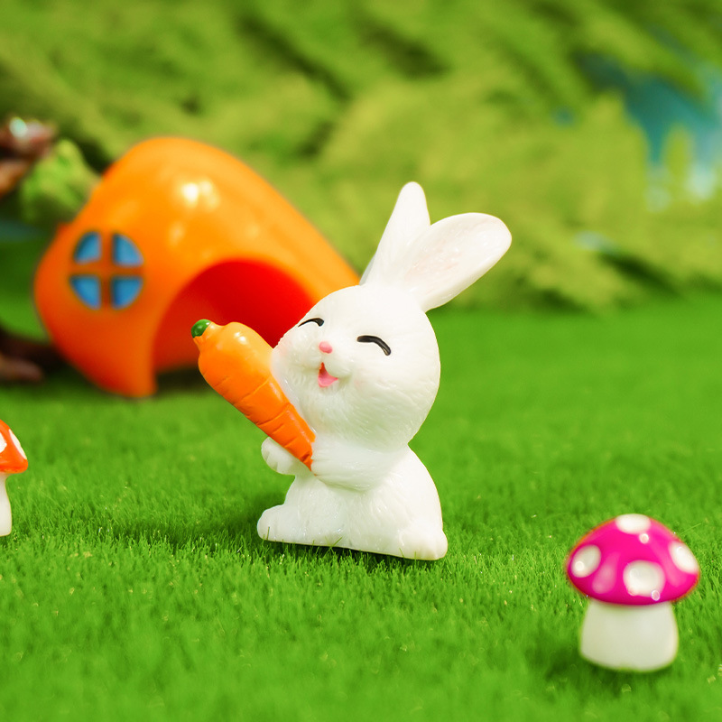 Conejo lindo jardinería resina accesorios accesorios micro paisaje lindo animal dibujos animados conejito zanahoria casa adorno del año del conejo