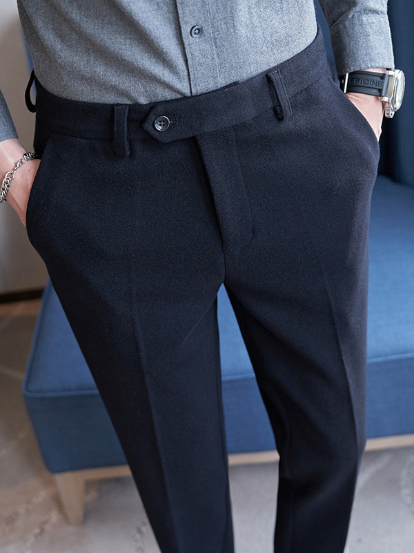 Autumn and Winter Thickened Western Pants Men's Business Casual Small Straight-Leg Pants Slim-Fit Light Luxury Quality Fabric Casual Pants