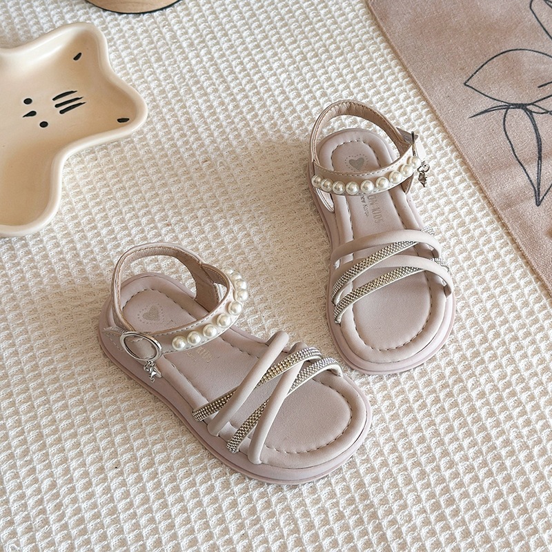 Sandali da bambina con perle e strass, nuovo stile estivo, suola morbida, scarpe romane a punta aperta da principessa per bambine._voghion.com