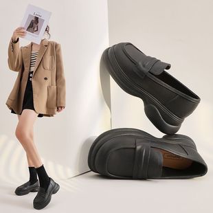 Platform Thick-Soled Loafers 2025 Spring New Style Slip-On Shoes British Style Soft-Soled Black Small Leather Shoes for Women