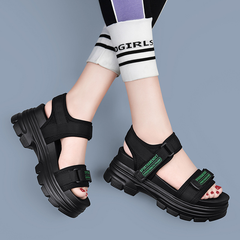 Giày sandal thể thao da thật đế dày nữ gót 4cm quai chữ V khóa dán — JST 1609 cao gót xanh đen 4cm, Đen trắng 2001 LJ, JST 1611 cao gót xanh đen 4cm, 2206 ML màu đen