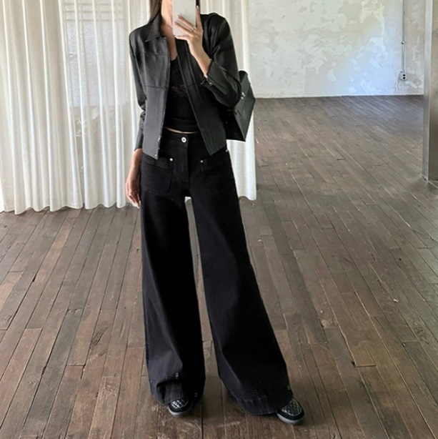 4PRI1 黑色口袋喇叭牛仔裤女秋季显高显瘦宽松休闲百搭阔腿裤长裤|undefined